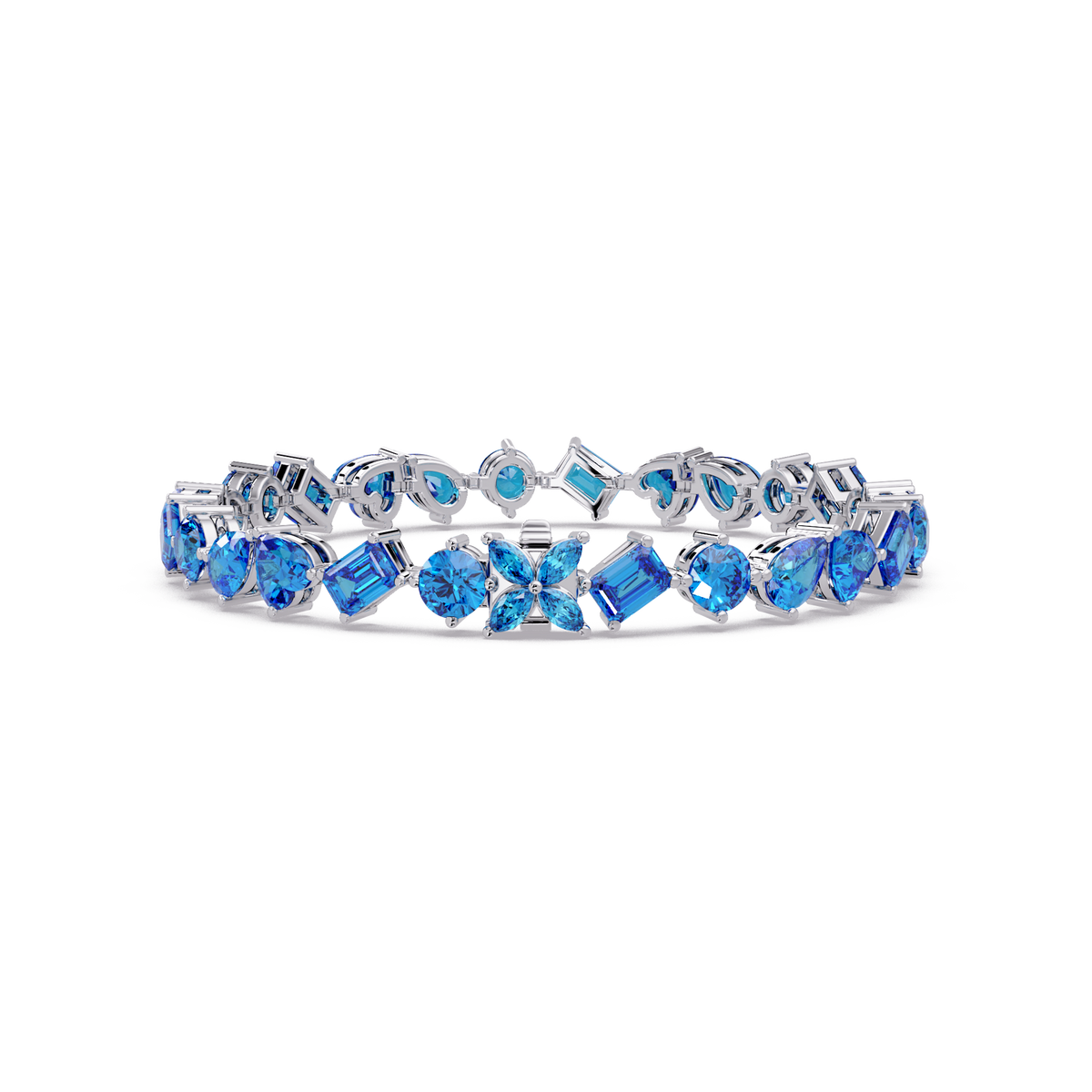 Five-shape aquamarine blue colorstone tennis bracelet in white gold