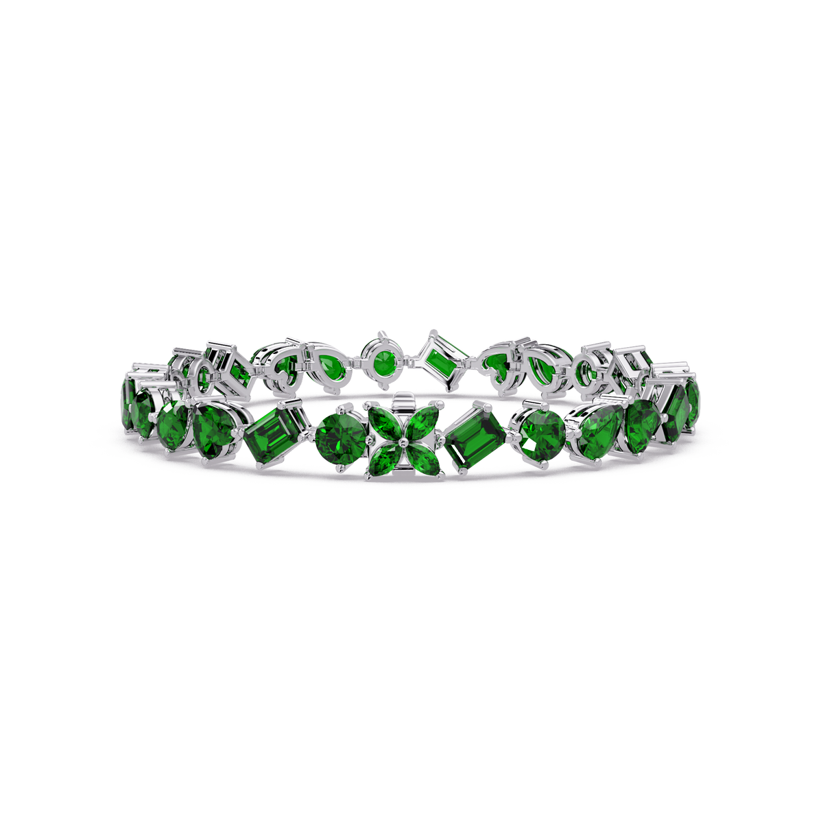 Five-shape emerald green colorstone tennis bracelet in white gold