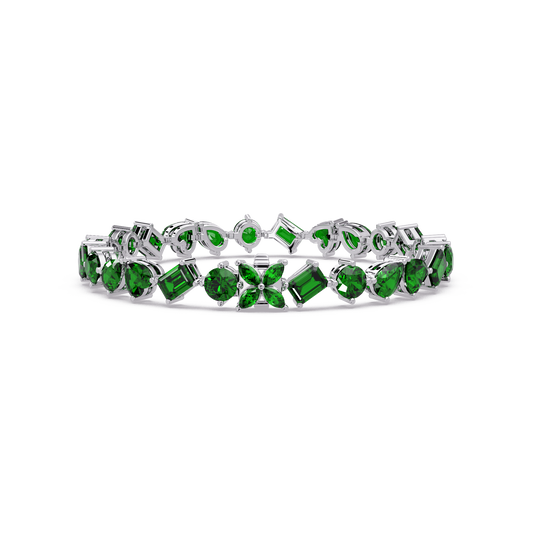 Five-shape emerald green colorstone tennis bracelet in white gold