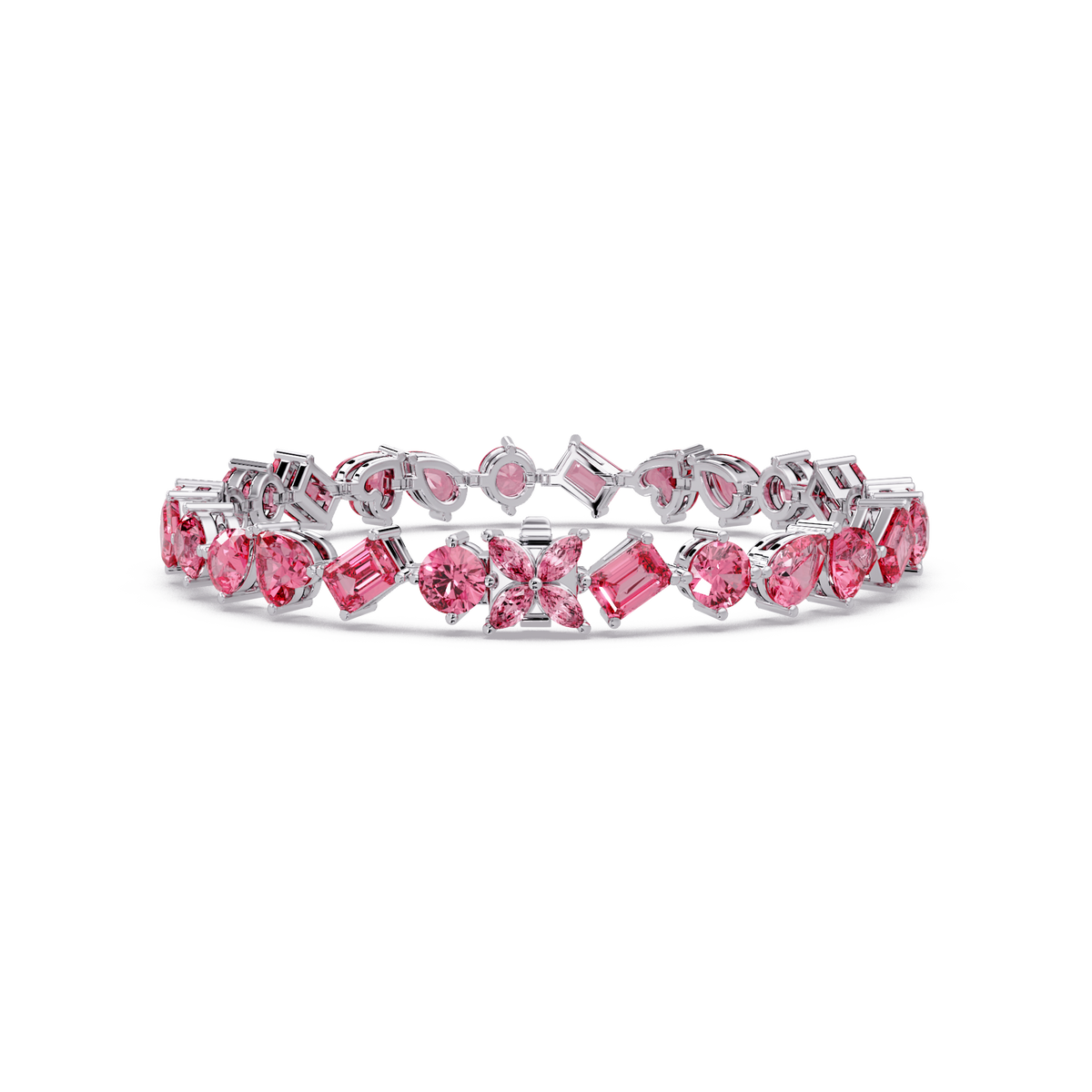 Five-shape tourmaline pink colorstone tennis bracelet in white gold