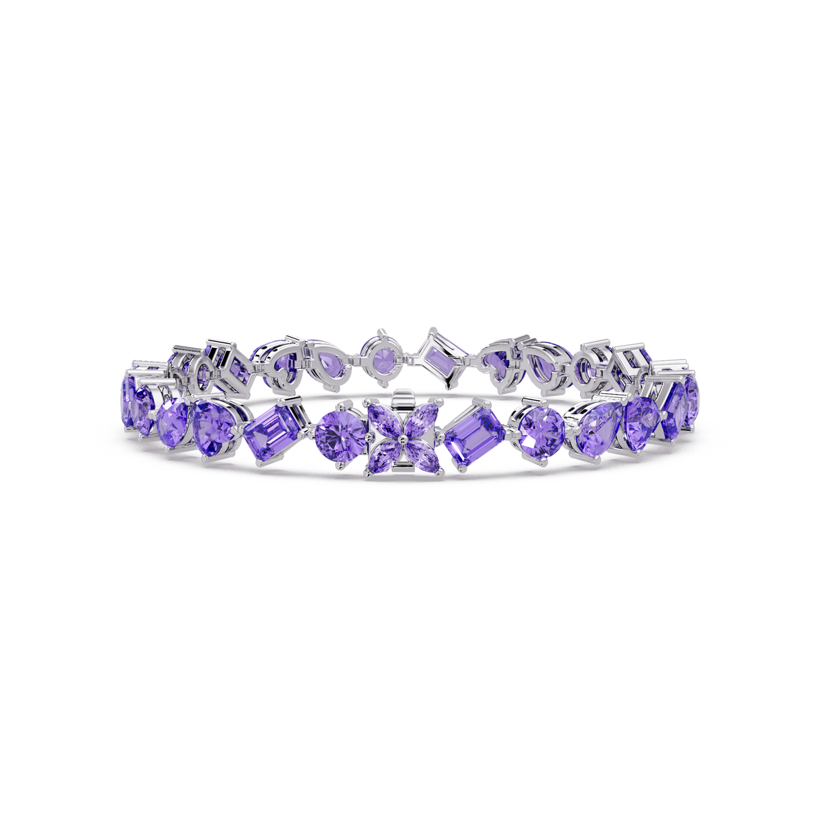 Five-shape amethyst purple colorstone tennis bracelet in white gold