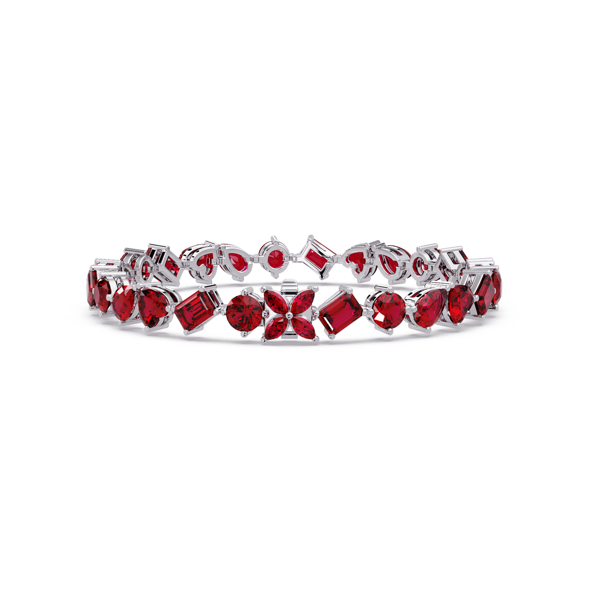 Five-shape ruby red colorstone tennis bracelet in white gold