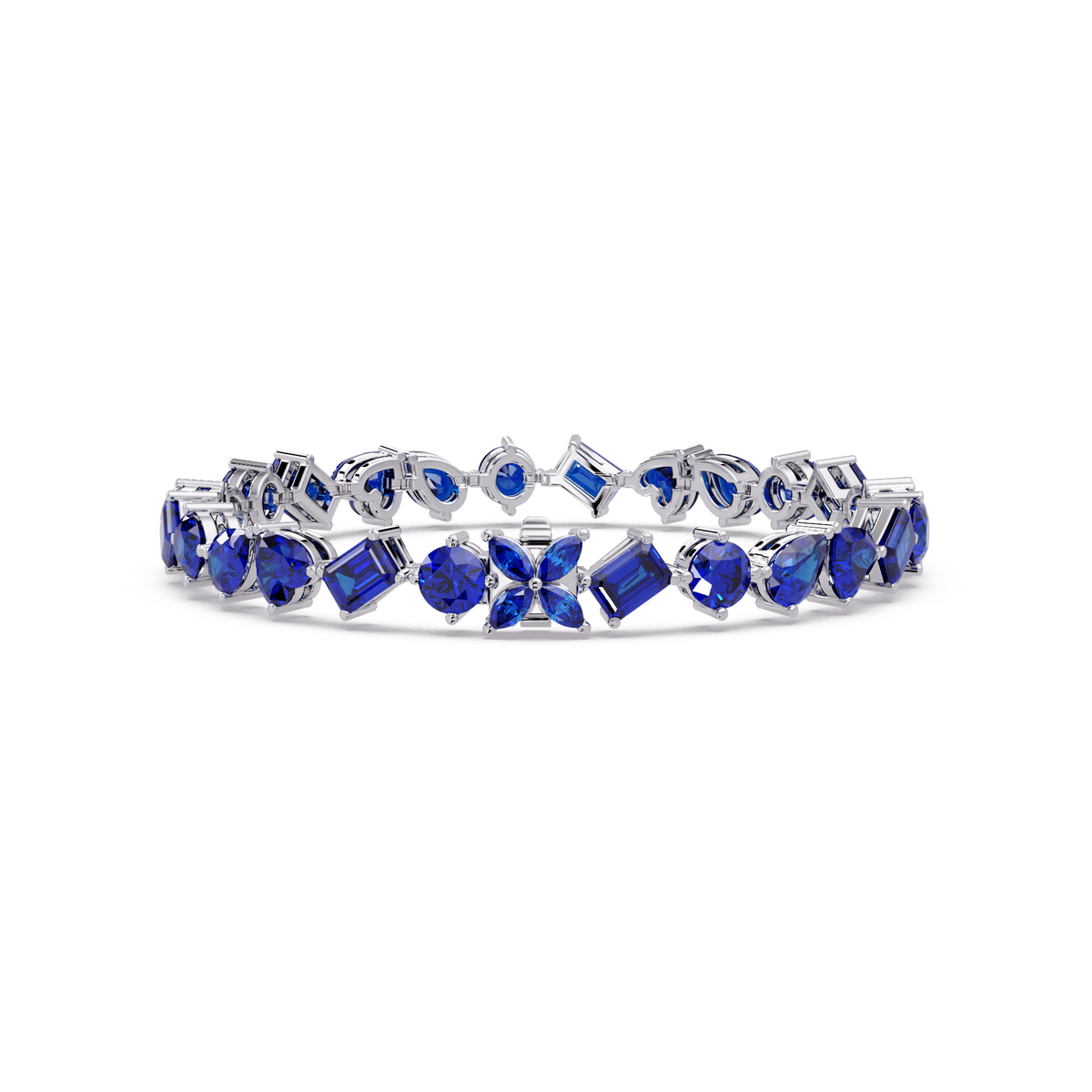 Five-shape sapphire blue colorstone tennis bracelet in white gold