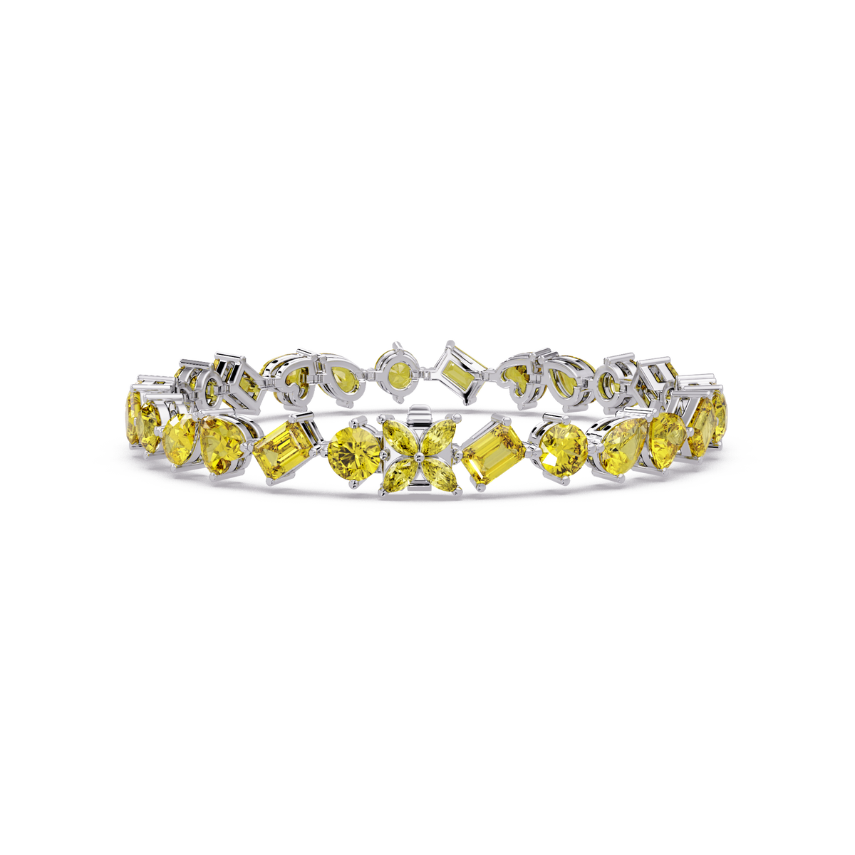 Five-shape citrine yellow colorstone tennis bracelet in white gold