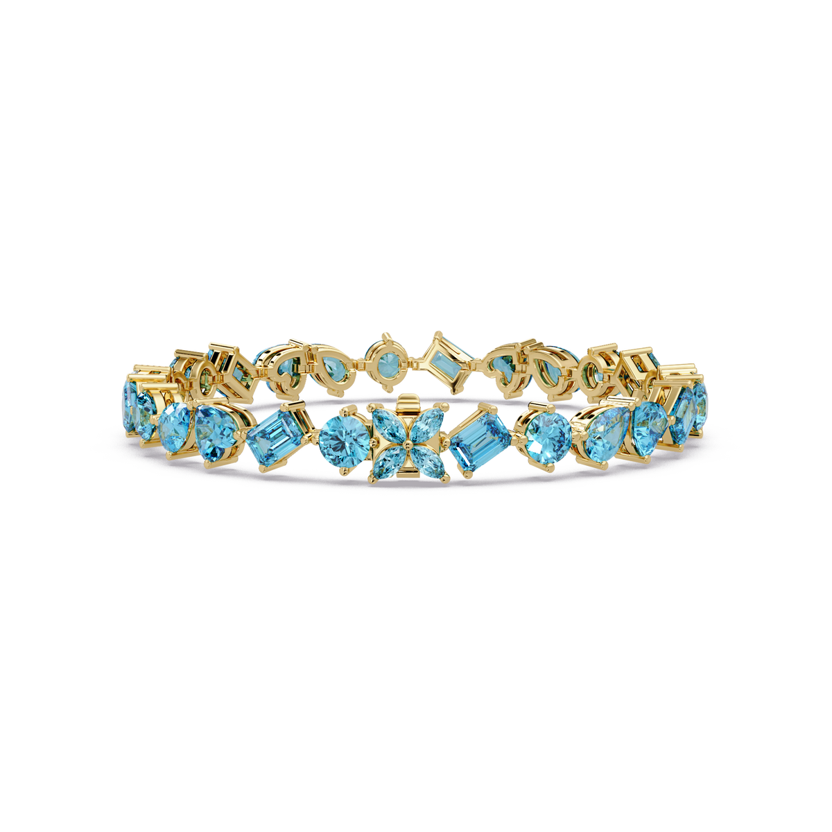 Five-shape aquamarine blue colorstone tennis bracelet in yellow gold