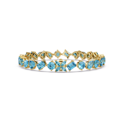 Five-shape aquamarine blue colorstone tennis bracelet in yellow gold