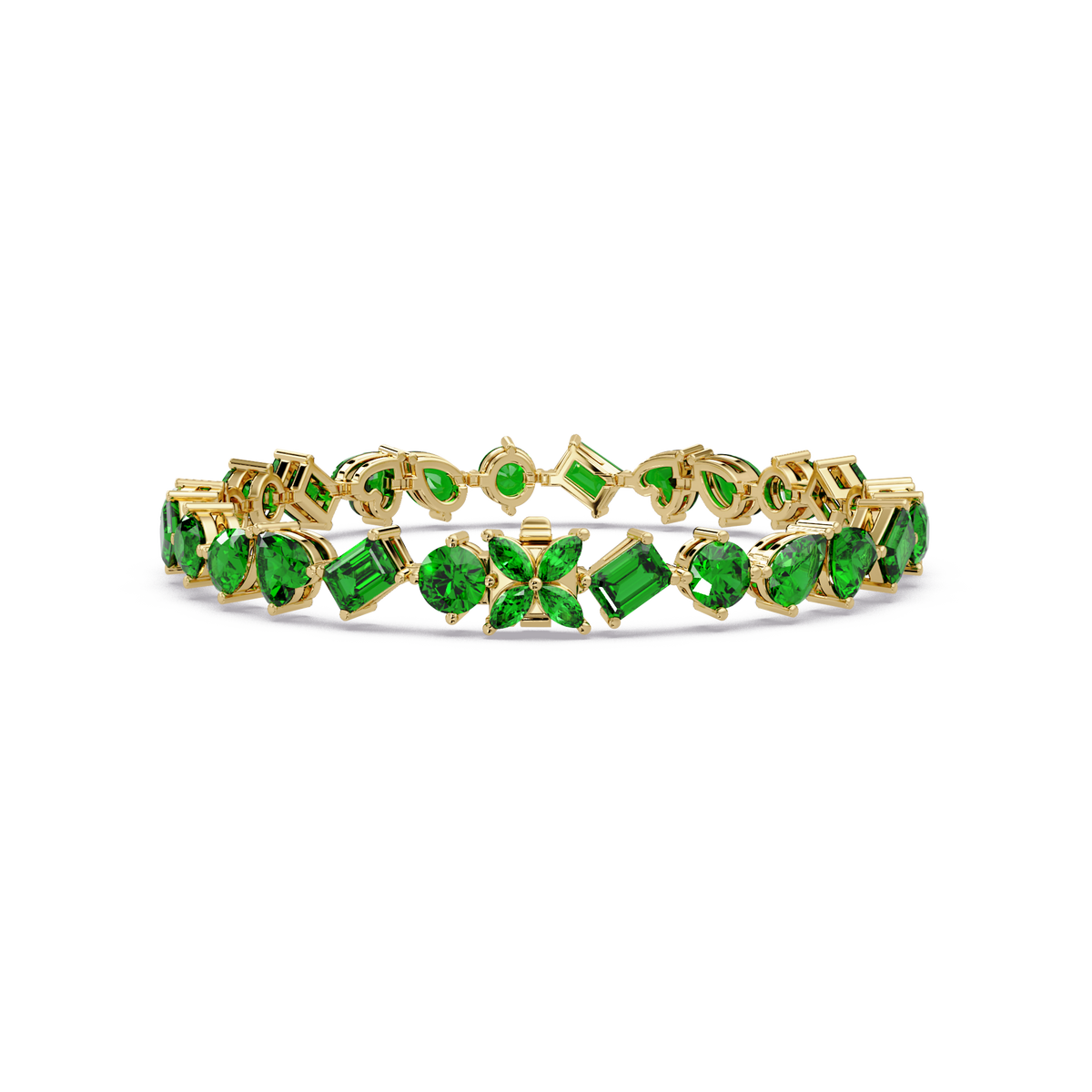 Five-shape emerald green colorstone tennis bracelet in yellow gold