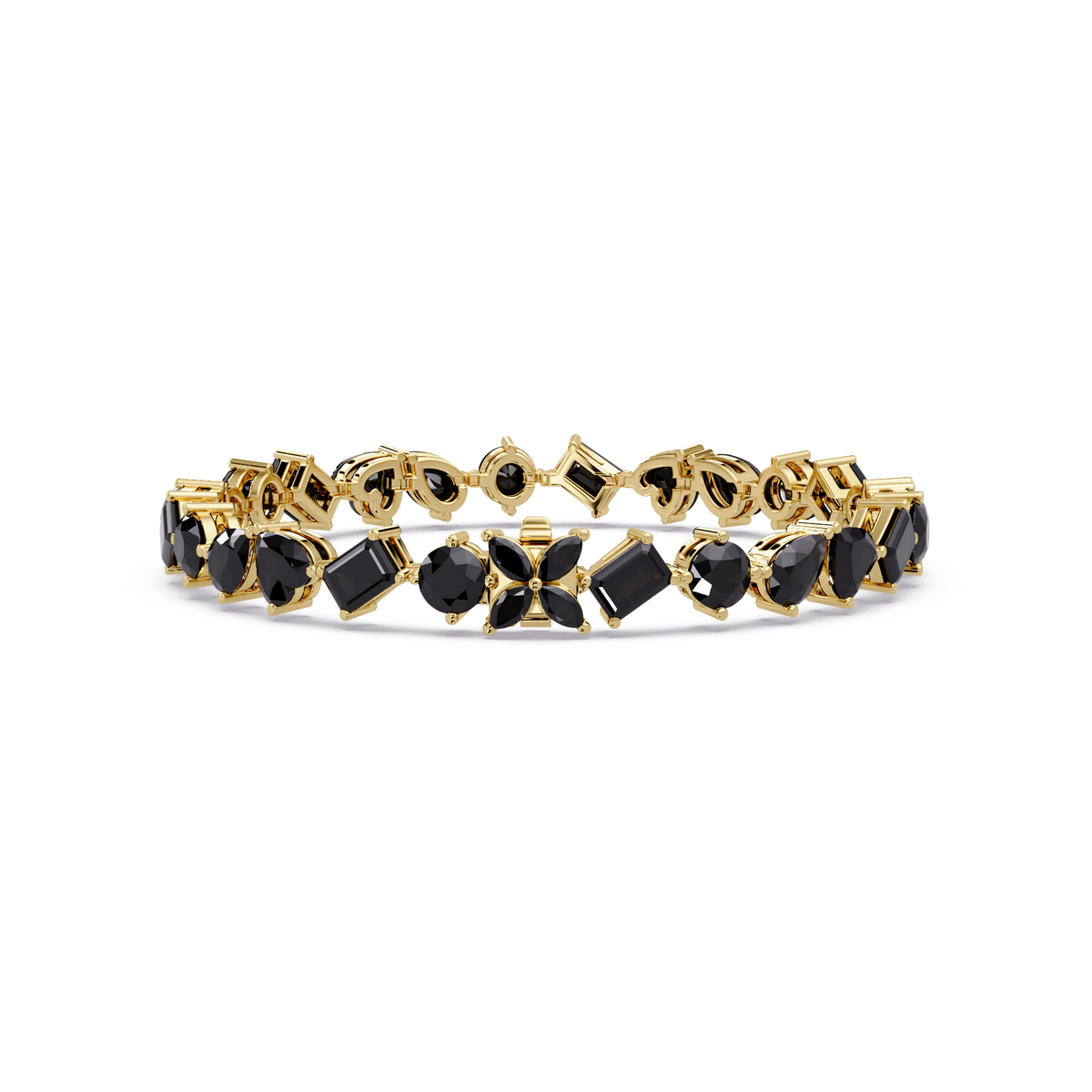 Five-shape onyx colorstone tennis bracelet in yellow gold