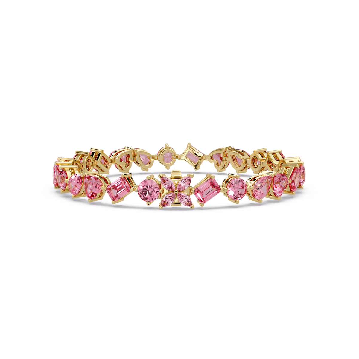 Five-shape tourmaline pink colorstone tennis bracelet in yellow gold