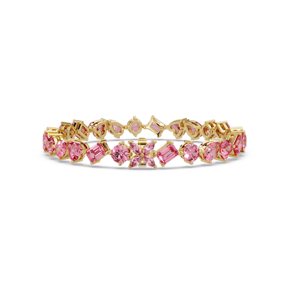 Five-shape tourmaline pink colorstone tennis bracelet in yellow gold