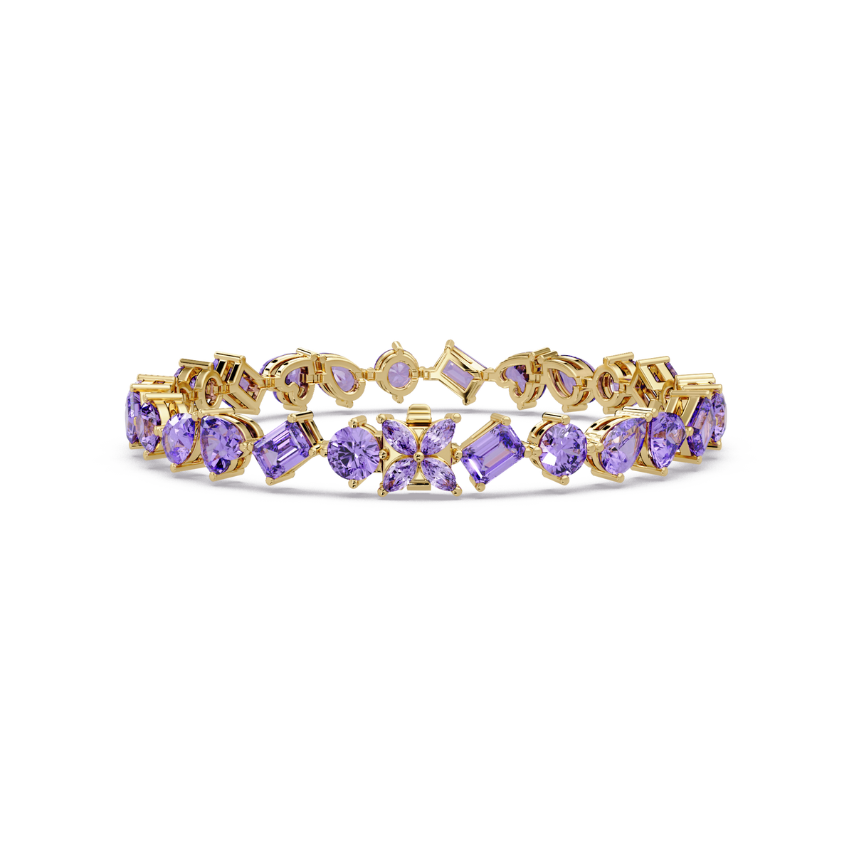 Five-shape amethyst purple colorstone tennis bracelet in yellow gold