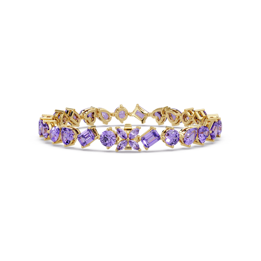 Five-shape amethyst purple colorstone tennis bracelet in yellow gold