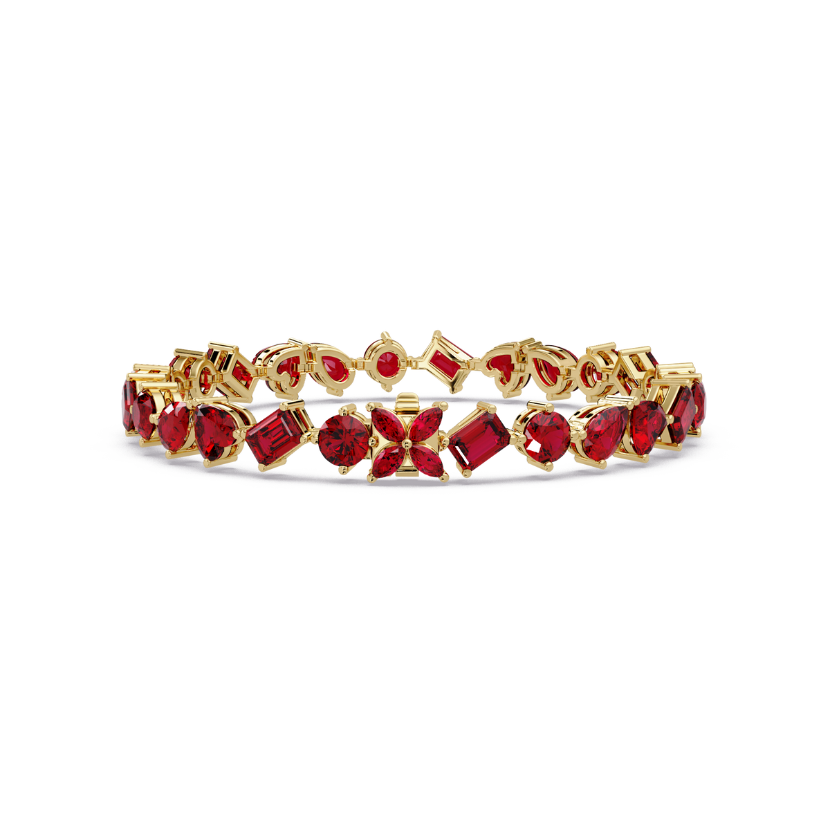 Five-shape ruby red colorstone tennis bracelet in yellow gold