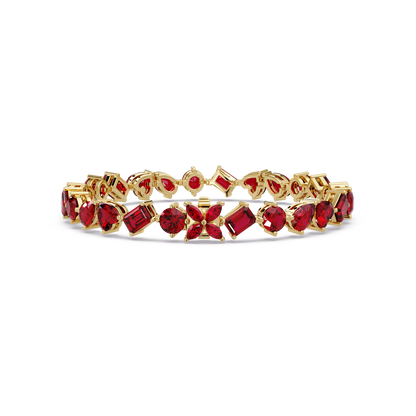 Five-shape ruby red colorstone tennis bracelet in yellow gold