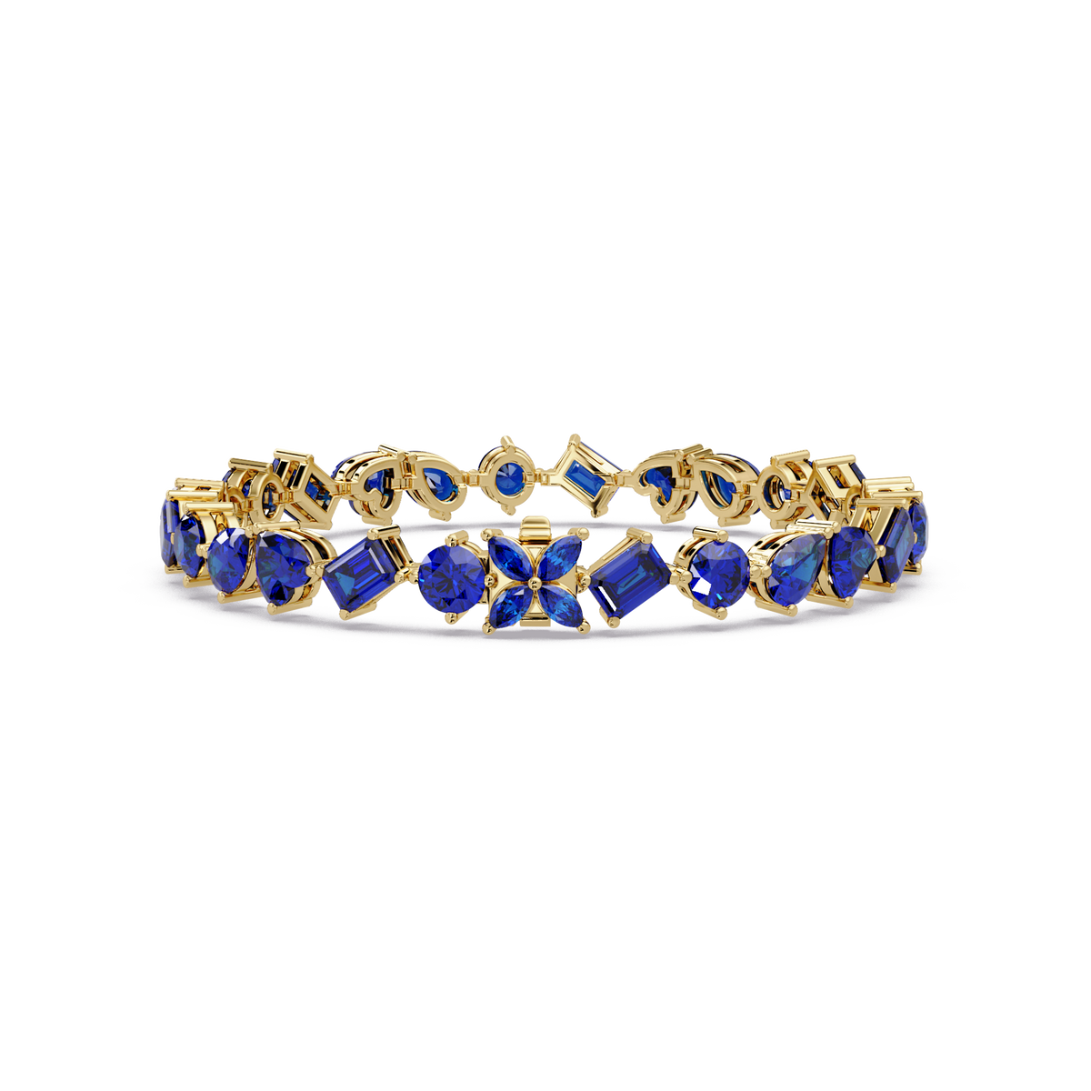 Five-shape sapphire blue colorstone tennis bracelet in yellow gold