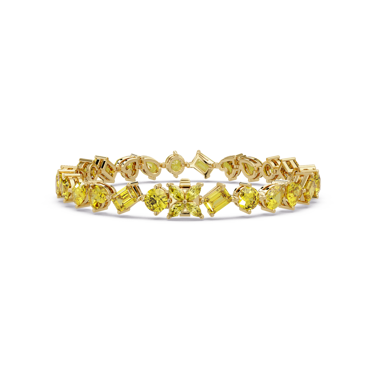 Five-shape citrine yellow colorstone tennis bracelet in yellow gold