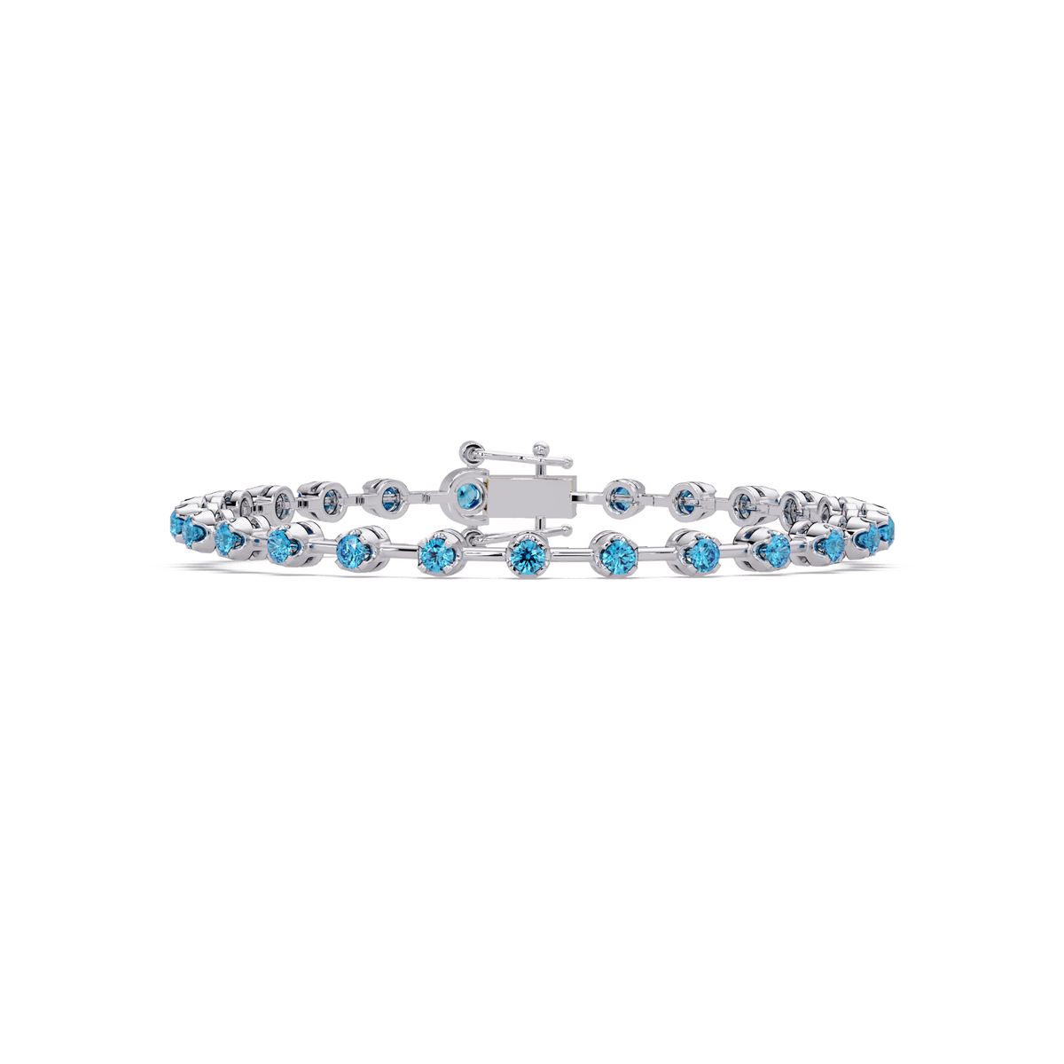 Round aquamarine blue colorstone tennis bracelet in white gold