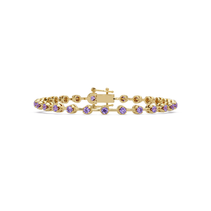 Round amethyst purple colorstone tennis bracelet in yellow gold