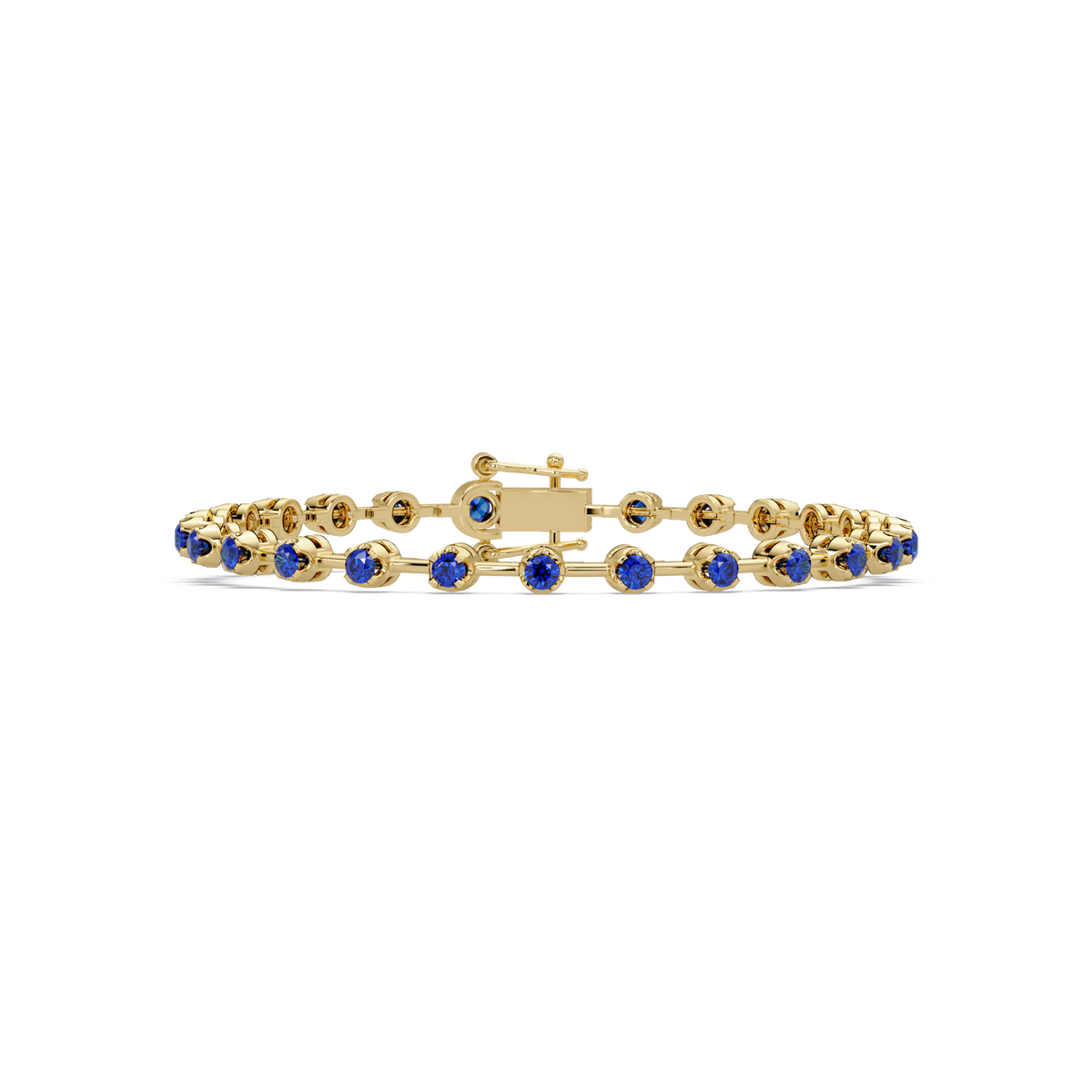 Round sapphire blue colorstone tennis bracelet in yellow gold