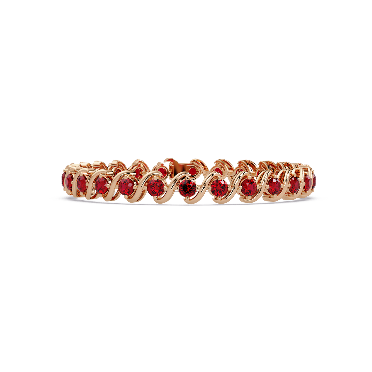 Round ruby red colorstone swirl-link tennis bracelet in rose gold