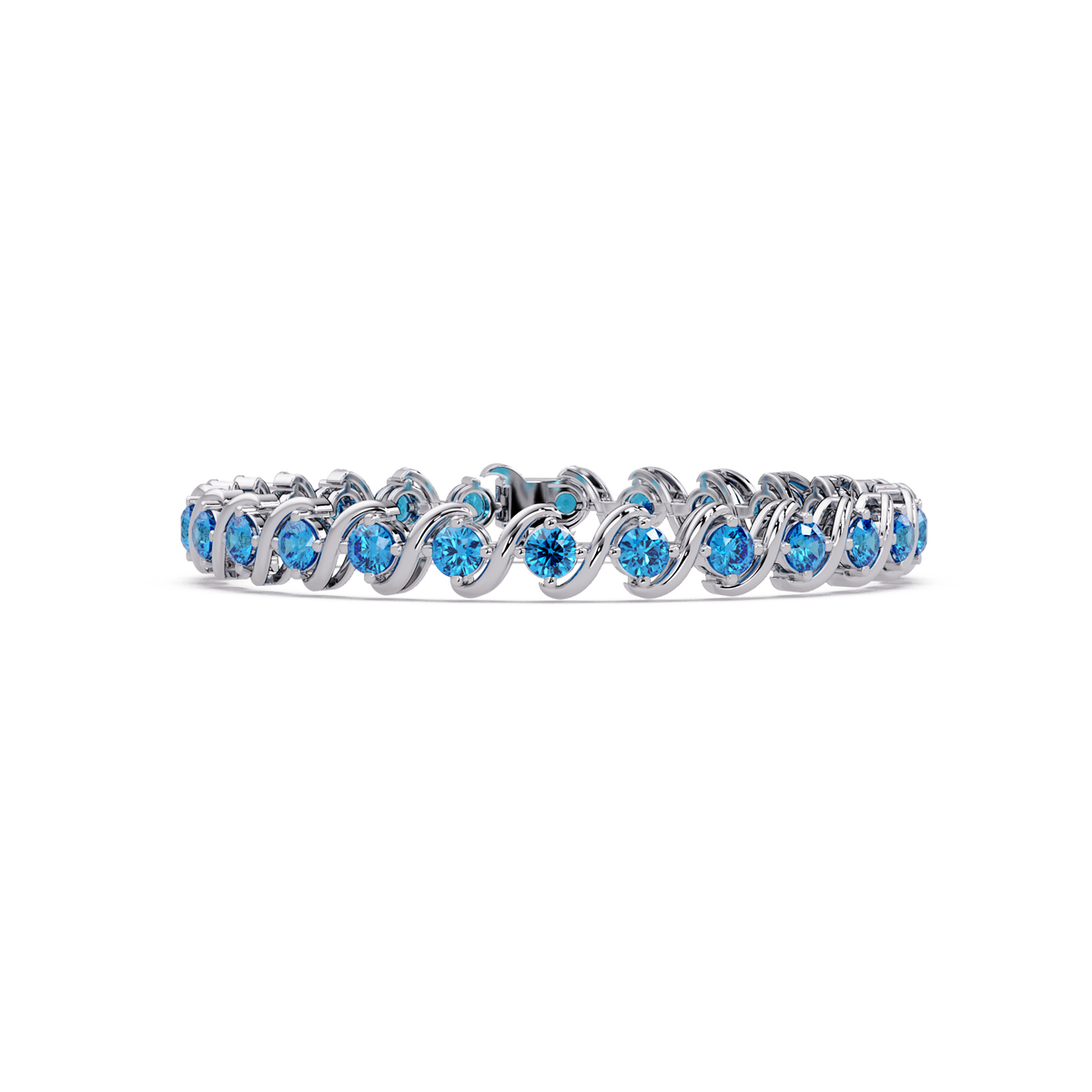 Round aquamarine blue colorstone swirl-link tennis bracelet in white gold