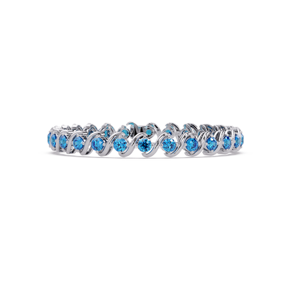 Round aquamarine blue colorstone swirl-link tennis bracelet in white gold