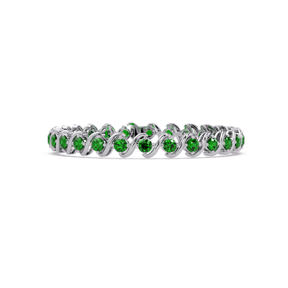 Round emerald green colorstone swirl-link tennis bracelet in white gold