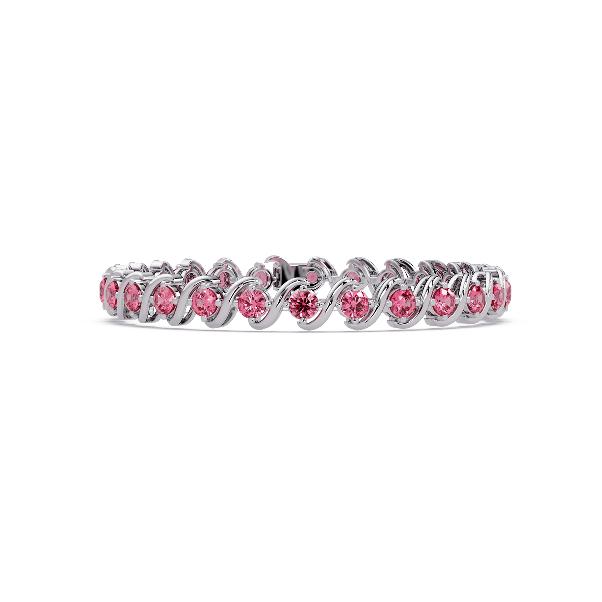 Round tourmaline pink colorstone swirl-link tennis bracelet in white gold