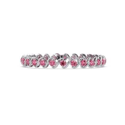 Round tourmaline pink colorstone swirl-link tennis bracelet in white gold
