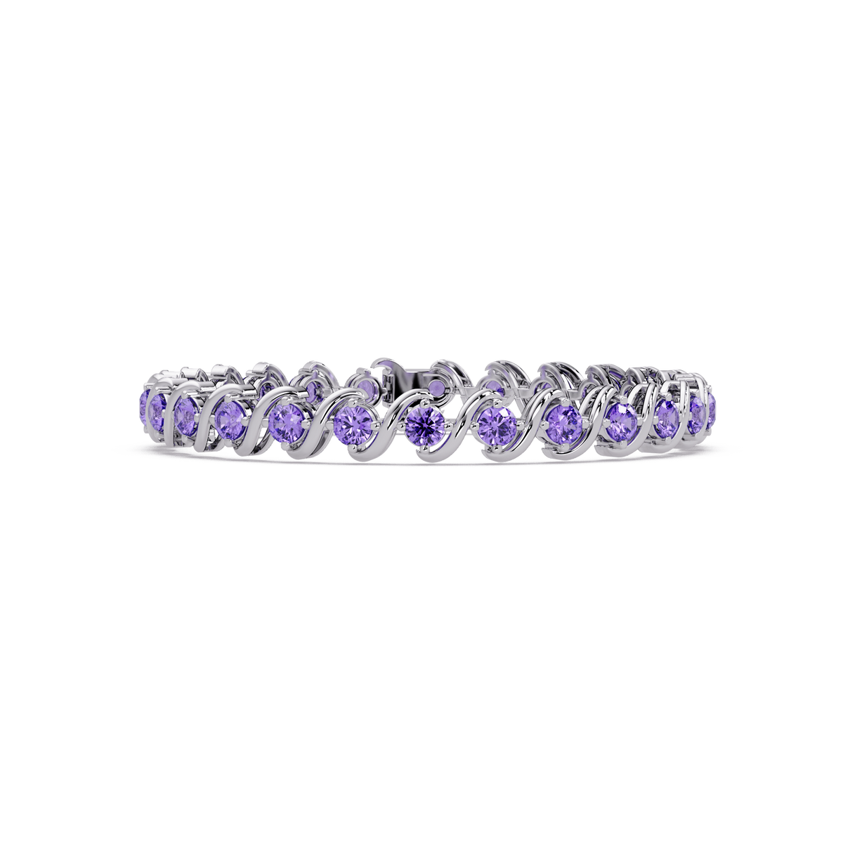 Round amethyst purple colorstone swirl-link tennis bracelet in white gold