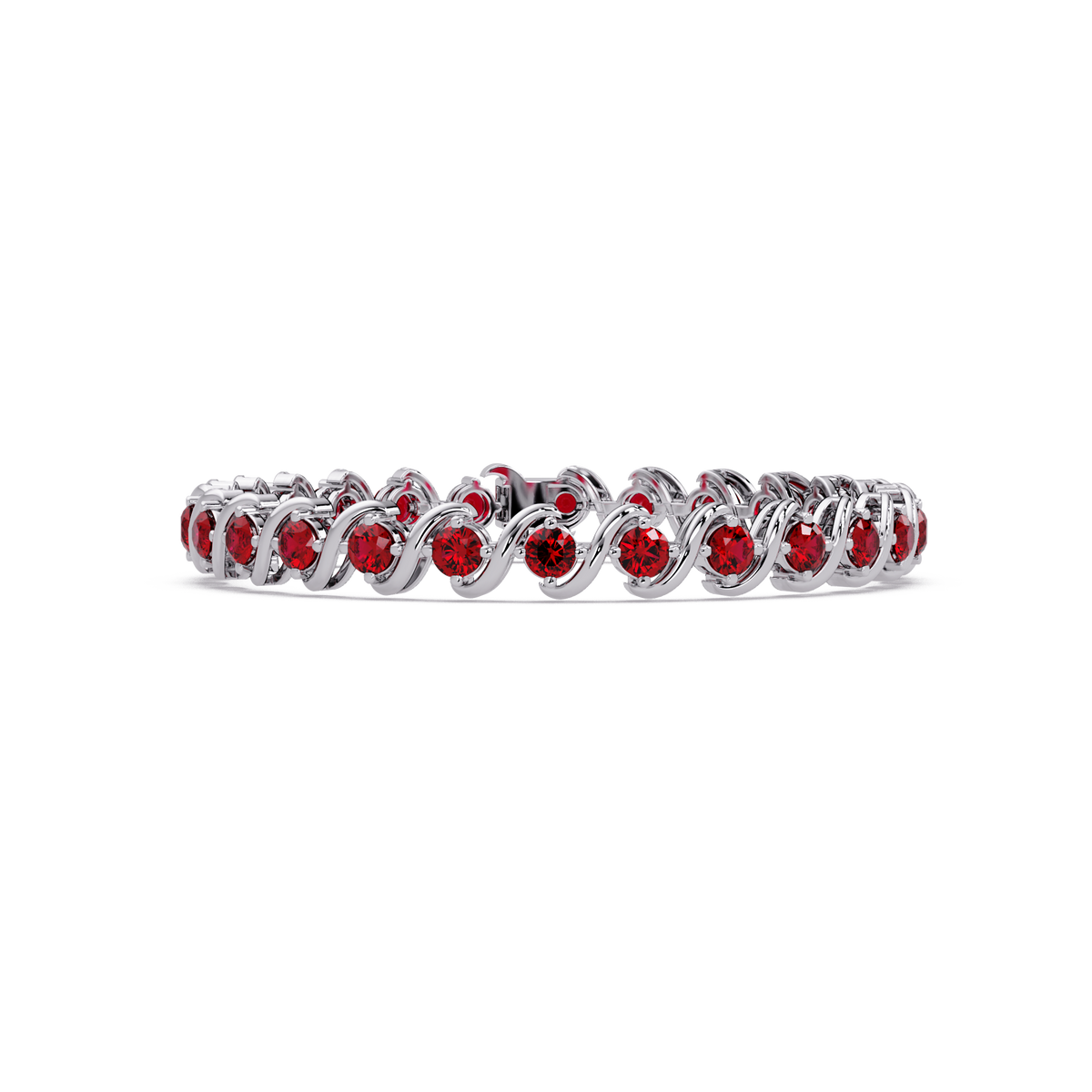 Round ruby red colorstone swirl-link tennis bracelet in white gold