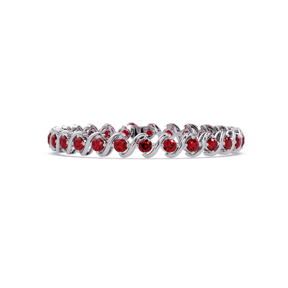 Round ruby red colorstone swirl-link tennis bracelet in white gold