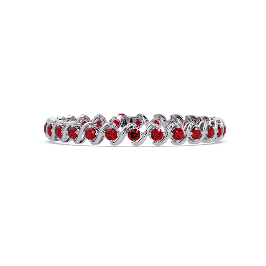 Round ruby red colorstone swirl-link tennis bracelet in white gold