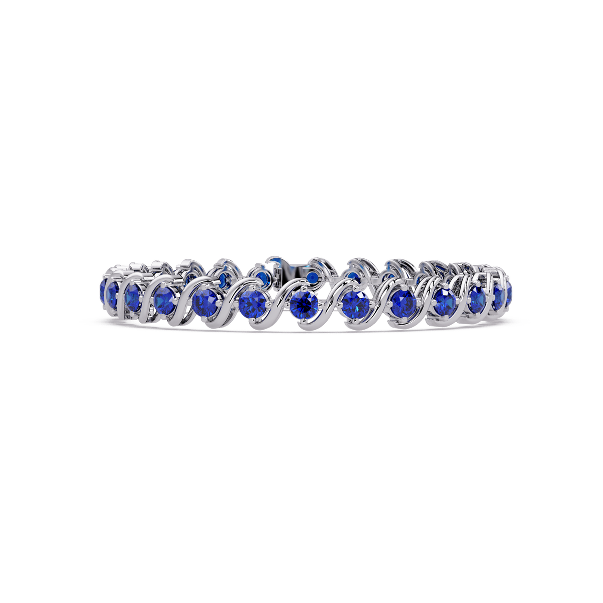 Round sapphire blue colorstone swirl-link tennis bracelet in white gold