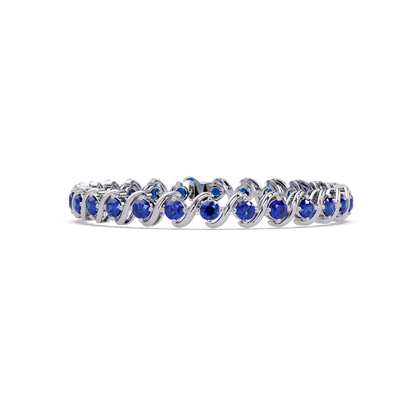 Round sapphire blue colorstone swirl-link tennis bracelet in white gold
