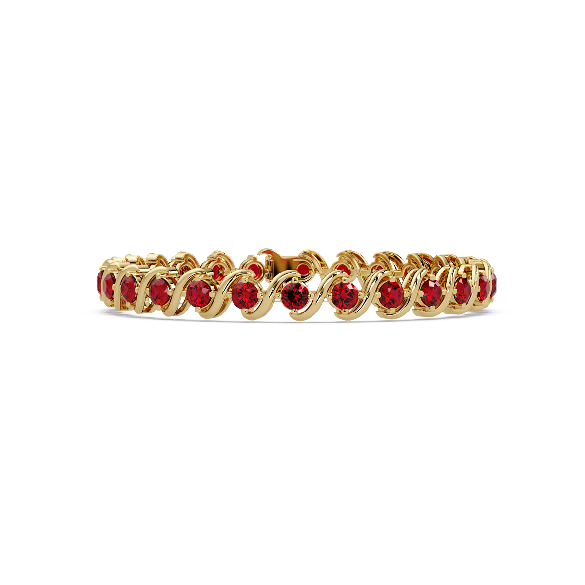 Round ruby red colorstone swirl-link tennis bracelet in yellow gold