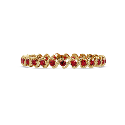 Round ruby red colorstone swirl-link tennis bracelet in yellow gold
