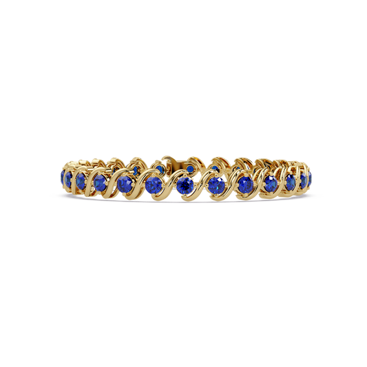 Round sapphire blue colorstone swirl-link tennis bracelet in yellow gold
