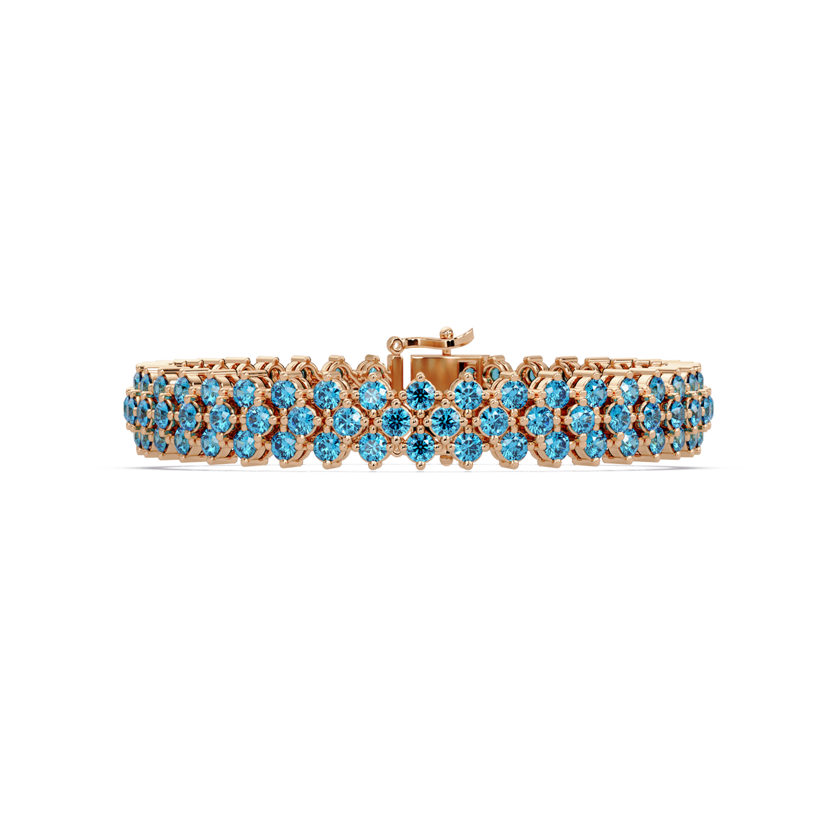Diamond-lattice round aquamarine blue colorstone tennis bracelet in rose gold
