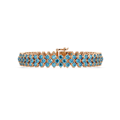 Diamond-lattice round aquamarine blue colorstone tennis bracelet in rose gold