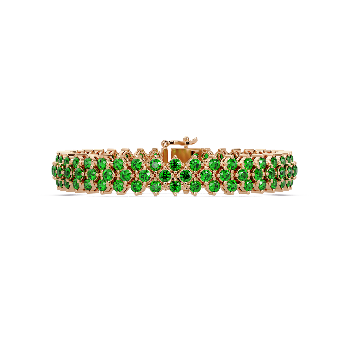 Diamond-lattice round emerald green colorstone tennis bracelet in rose gold