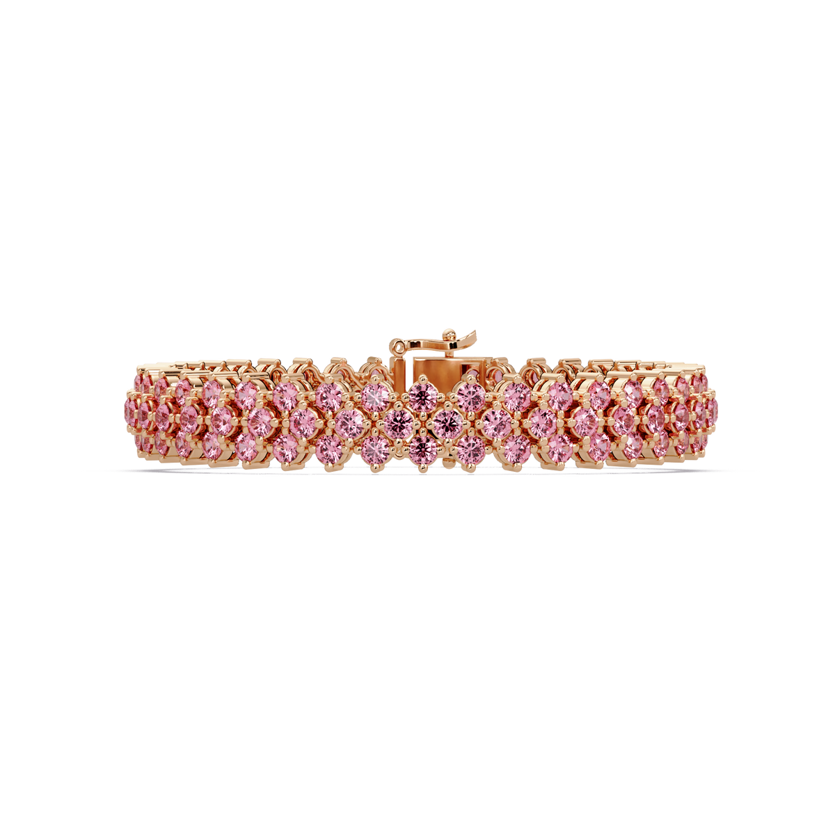 Diamond-lattice round tourmaline pink colorstone tennis bracelet in rose gold