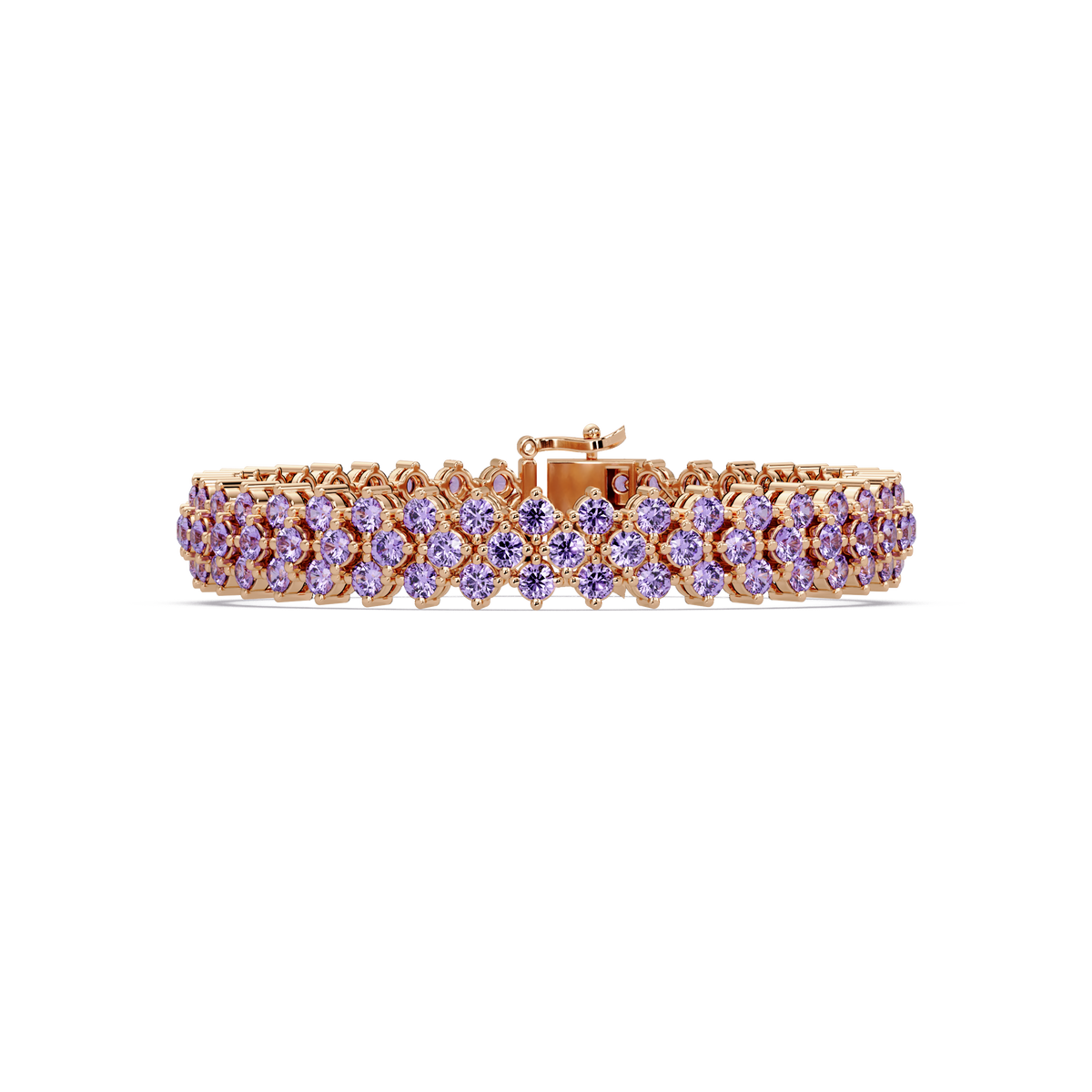 Diamond-lattice round amethyst purple colorstone tennis bracelet in rose gold