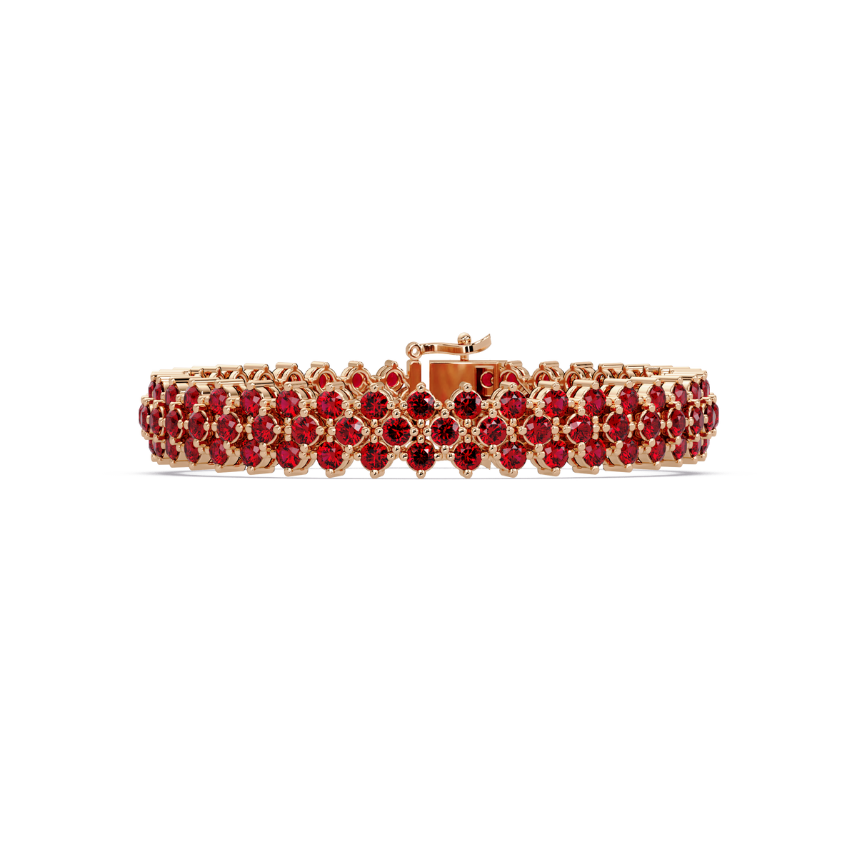 Diamond-lattice round ruby red colorstone tennis bracelet in rose gold