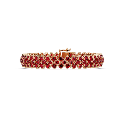 Diamond-lattice round ruby red colorstone tennis bracelet in rose gold