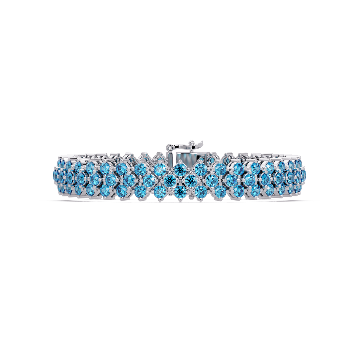 Diamond-lattice round aquamarine blue colorstone tennis bracelet in white gold