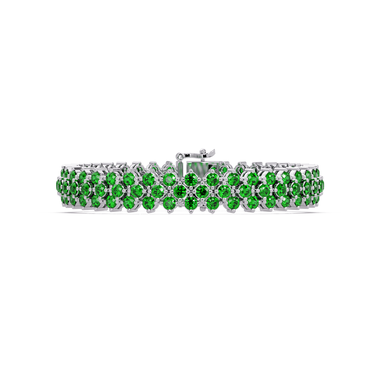 Diamond-lattice round emerald green colorstone tennis bracelet in white gold