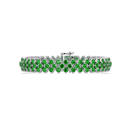 Diamond-lattice round emerald green colorstone tennis bracelet in white gold