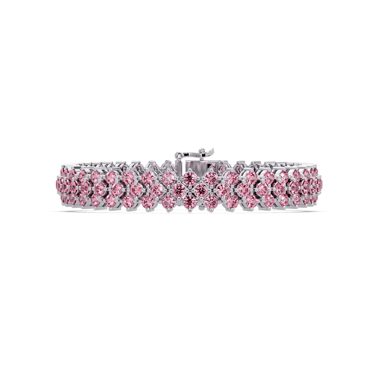 Diamond-lattice round tourmaline pink colorstone tennis bracelet in white gold