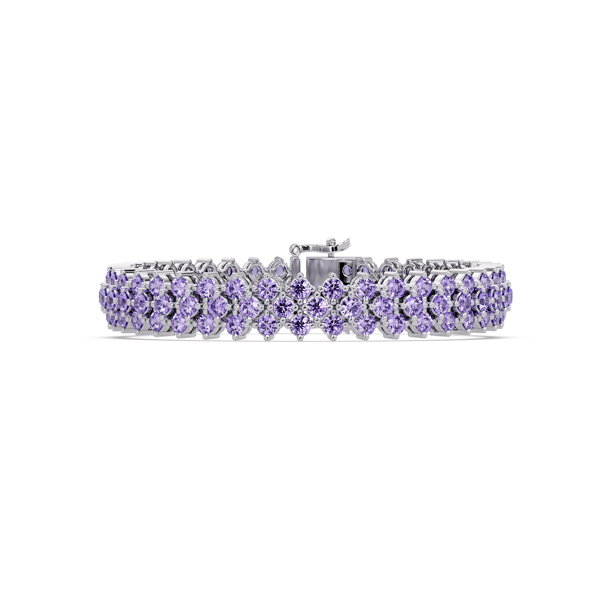 Diamond-lattice round amethyst purple colorstone tennis bracelet in white gold